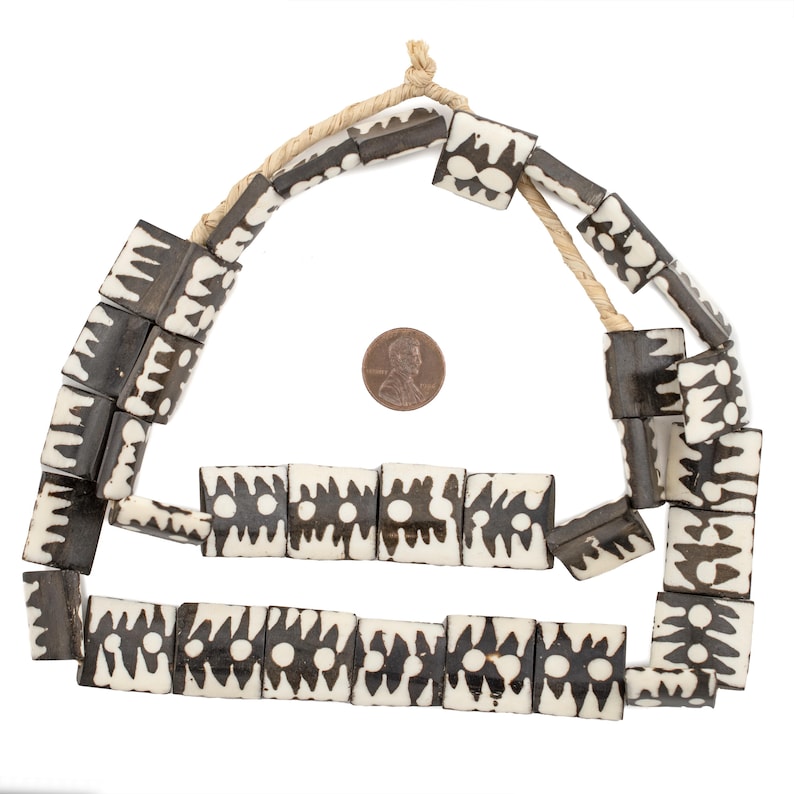 30 Batik Bone Beads Flags - Cow Bone Strand - Rectangular Beads - Black and White - Kenyan Jewelry - African Beads (BON-FLT-DOD-276) image 2