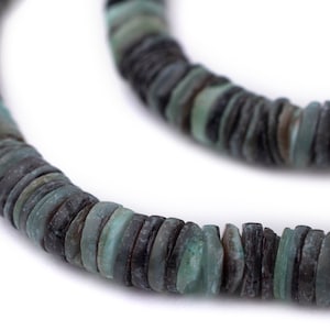 May include: A strand of dark green and black round beads made from recycled glass.