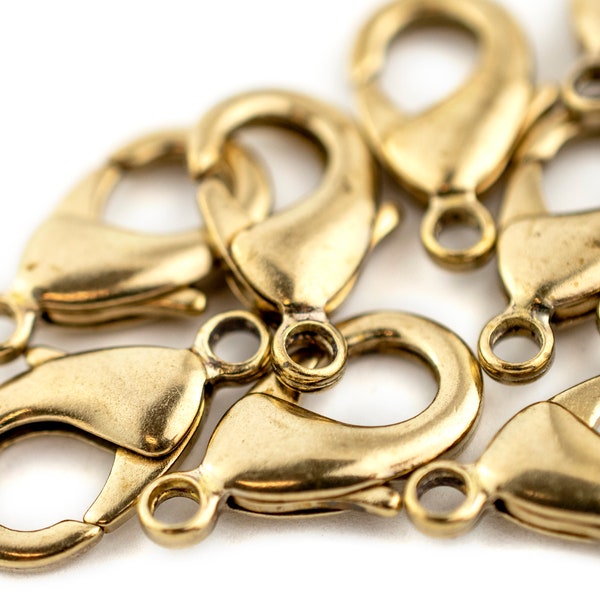 Brass Lobster Clasps (Set of 10): 9.5mm 12mm 15mm 19mm Sturdy Metallic Closures for Artisan DIY Custom Bracelet & Necklace Jewelry Designs