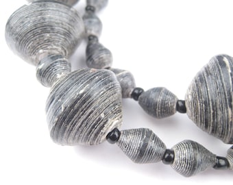 Black Paper Bead Necklace from Uganda Made from Recycled Newspaper & Scrap Paper - Fair Trade Wrap Around African Jewelry (PPR-BIC-BLK-154)