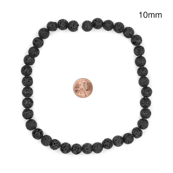 大きな穴の溶岩ビーズ: 丸型ブラック 8 mm または 10 mm、天然宝石、15