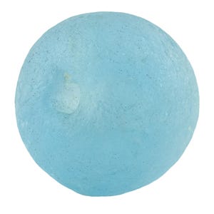 May include: A round, light blue object with a textured surface and a lighter, irregular patch. The object has small, dark specks throughout. The shape is spherical, and the color is a soft, pastel blue.