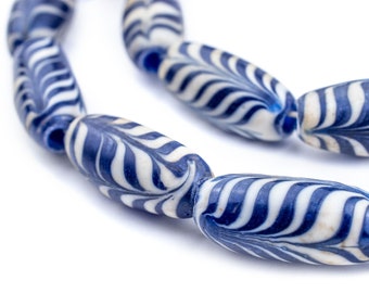 16 Blue Glass Feather Beads - African Trade Replica - Feather Trade Beads - Blue Feather Beads - Oblong Glass Beads (JVA-OVL-BLU-715)