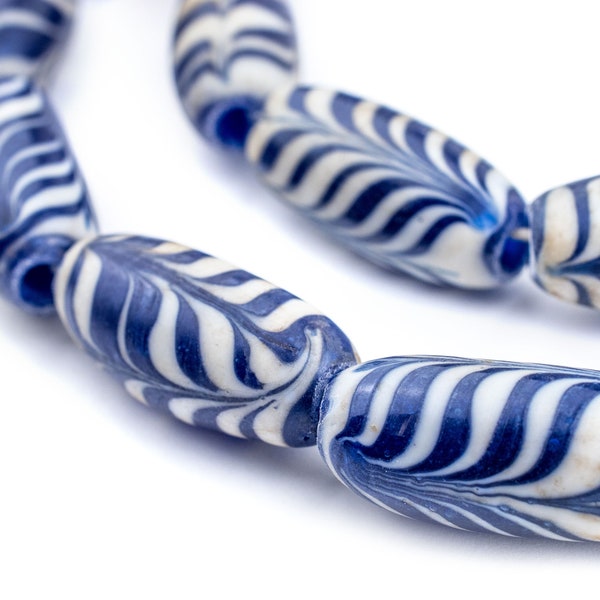 16 Blue Glass Feather Beads - African Trade Replica - Feather Trade Beads - Blue Feather Beads - Oblong Glass Beads (JVA-OVL-BLU-715)
