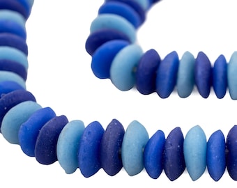 105 Blue Medley Ashanti Glass Saucer Beads - African Tribal Beads - Multicolor Strand - Fair Trade Beads - Hand Made Beads (SND-DSK-BLU-83)