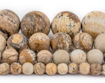 Picture Jasper Beads: Round Matte Gemstone Wholesale 4mm 6mm 8mm 10mm 12mm Genuine Natural Frosted Brown Beige Healing Strand DIY Jewelry