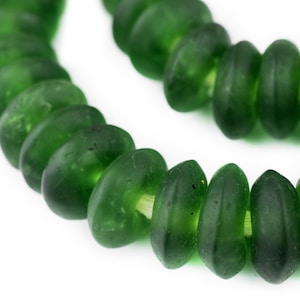65 Jumbo Green Rondelle Recycled Glass Beads: Farmhouse Beads Coffee Table Beads Glass Disk Beads Ghana Krobo Beads Green Glass Beads