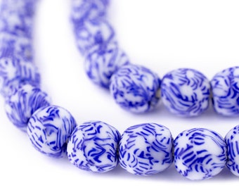 50 Blue & White Fused Recycled Glass Beads 11mm: Matte Glass Beads Powder Glass Beads Ghanaian Trade Beads Ghanaian Glass Beads