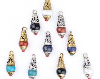 Capped Gemstone Locket Pendant: Nepali Stone Charm with Silver or Brass Cap, Necklace Pendant, Choose Lapis, Turquoise, Pearl, Carnelian