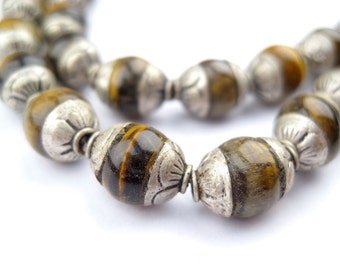 50 Tiger Eye Nepali Silver Capped Beads - Authentic Tiger Eye - Capped Stone Beads - Capped Tiger Eye - Brown and Yellow (NPL-OVL-BRN-102)