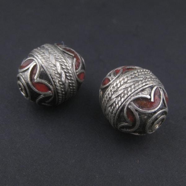 Red Enamel Berber Bead Set of 2 - African Silver Pendant - Jewelry Making Supplies - Made in Morocco ** (PND-BRB-122C)