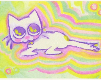 Sleepy Cat Risograph Print 5x7 inches Printed on 65lbs Cover Paper