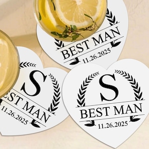 Personalized Initial Cocktail Coaster for Best Man, Monogram Groomsmen Proposal Coasters, Bachelor Party Drink Mats, Custom Wedding Coasters