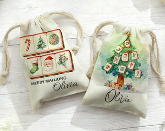 Merry Mahjong Christmas Tree Presents Bag/Mahj Social Club Drawstring Bags/Holiday Kitchen Decor/Mahjong Group/Reusable Storage Muslin Bags