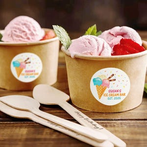 Custom Ice Cream Cup/Paper Treat Cups/Serving Cups/Birthday Party Decors/Custom Ice Cream Bowl/Party Tableware/Wooden Spoon and Label Set
