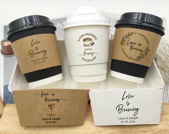 Love is Brewing Custom Coffee Cup Sleeves Wedding Engagement Party Coffee Cups Wedding Paper Cup With Sleeves Wedding Favor Party Decoration