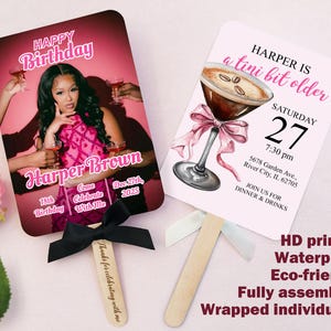 A Tini Bit Older Birthday Party Favor, Custom Photo Picture Birthday Fans, Custom Handheld Fans, Pink Bow Martini Themed Birthday Invitation