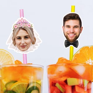 Beach Party Face Straw Bride Face Straws Funny Bachelorette Party Straw Custom Veil and Bow Tie Straws Personalized Photo Straw Wedding Gift