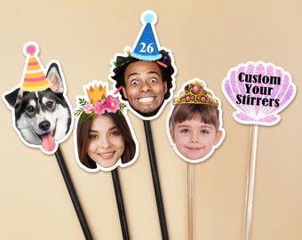 Benutzerdefinierte Gesicht Cocktail Rührer/Lustige Geburtstag Dekor/30., 40., 50. Geburtstag/Getränke Rührer Personalisiert mit Gesicht/Party Dekor/Swizzle Stick