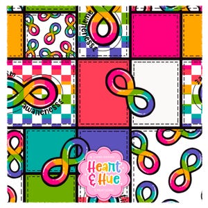 May include: A colorful patchwork pattern featuring rainbow infinity symbols with the text "awareness" and "kindness" on a white background. The pattern is framed by a black border with a white stitched line. The bottom right corner features a logo that says "Hand-Drawn Heart & Hue Creations".