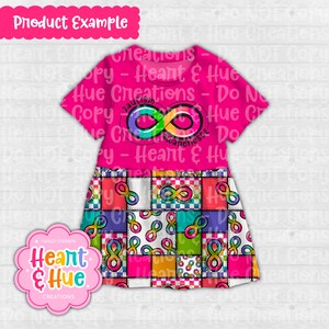 May include: A pink dress with short sleeves and a patchwork skirt. The skirt is made of colorful squares with a rainbow infinity symbol on each square. The top of the dress has a rainbow infinity symbol with the words "autism awareness" written inside.