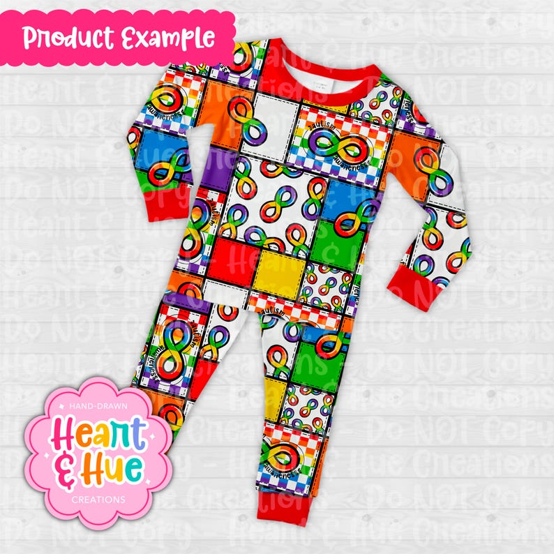 May include: A child's pajamas with a patchwork design featuring rainbow infinity symbols and the text "Love is no exception".