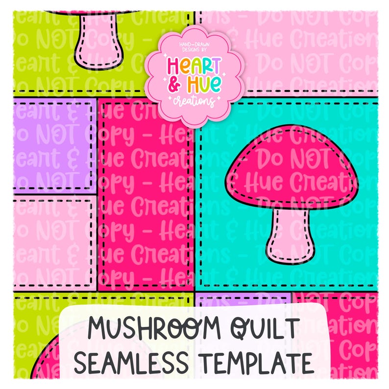 Op de afbeelding: Een naadloze paddenstoel quilt sjabloon met een kleurrijk patchwork ontwerp. Het ontwerp bevat roze, groene, paarse en blauwe vierkanten met paddenstoel illustraties en de tekst "Mushroom Quilt Seamless Template."