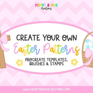 May include: A pink and white graphic with the text "CREATE YOUR OWN Easter Patterns" and "PROCREATE TEMPLATES, BRUSHES & STAMPS". The image includes a cross with a pink bow, a basket with Easter eggs, and floral accents.