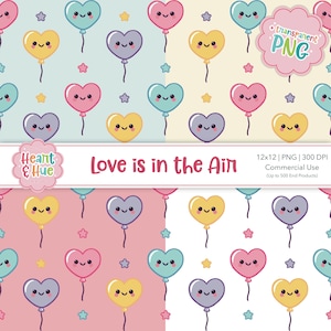 4 archivos sin costuras con globos en forma de corazón, 300 DPI, PNG, descarga instantánea, papel digital, diseño de superficie de tela de vinilo, archivo del Día de San Valentín