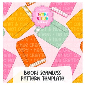 Könnte beinhalten: Ein nahtloses Muster mit bunten, cartoonartigen Büchern in Orange, Gelb, Rosa und Grün auf hellrosa Hintergrund. Das Design enthält den Text "BOOKS SEAMLESS PATTERN TEMPLATE" und ein Logo mit "HEART & HUE creations".