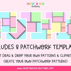 Puede incluir: Gr&aacute;fico digital con ocho plantillas de patchwork en colores pastel: rosa, azul, amarillo y verde. El texto dice "INCLUDES 8 PATCHWORK TEMPLATES" y "JUST DRAG & DROP YOUR OWN PATTERNS & CLIPART TO CREATE YOUR OWN PATCHWORK PATTERNS!"