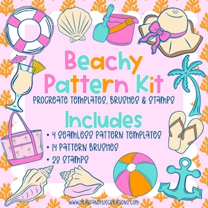 Könnte beinhalten: Ein digitales Kunst-Kit mit Strand-Thema. Das Bild zeigt ein rosa und türkisfarbenes Farbschema mit Illustrationen von Strandartikeln wie einem Rettungsring, Muscheln und einem Strandball. Der Text lautet "Beachy Pattern Kit" und "Includes 4 nahtlose Vorlagen, 14 Pinsel, 28 Stempel."