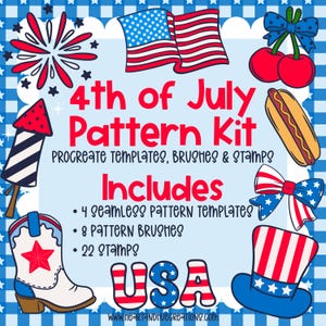 May include: A digital 4th of July Pattern Kit with Procreate templates, brushes, and stamps. The image features patriotic illustrations like the American flag, fireworks, cowboy boots, and a hot dog. Includes 4 seamless pattern templates, 8 pattern brushes, and 22 stamps.