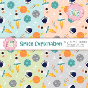 May include: Four seamless patterns featuring a space exploration theme. The patterns include rockets, planets, stars, and astronauts. The patterns are in blue, green, orange, and grey.