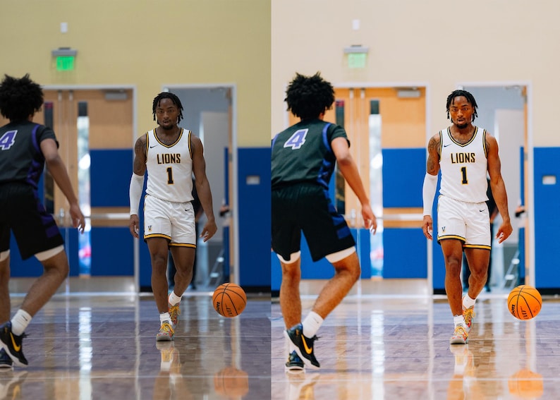 May include: Two basketball players on a court, one wearing a white jersey with the number 1 and the word "LIONS" on it, the other wearing a green jersey with the number 4. Both players are dribbling basketballs.