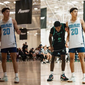 May include: Two basketball players on a court. The player on the left is wearing a black and green jersey with the text "Integral Ave" on it. The player on the right is wearing a white jersey with the text "Corona Del Mar Basketball 20" on it.