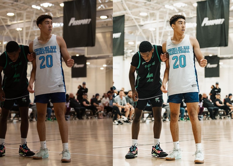 May include: Two basketball players on a court. The player on the left is wearing a black and green jersey with the text "Integral Ave" on it. The player on the right is wearing a white jersey with the text "Corona Del Mar Basketball 20" on it.