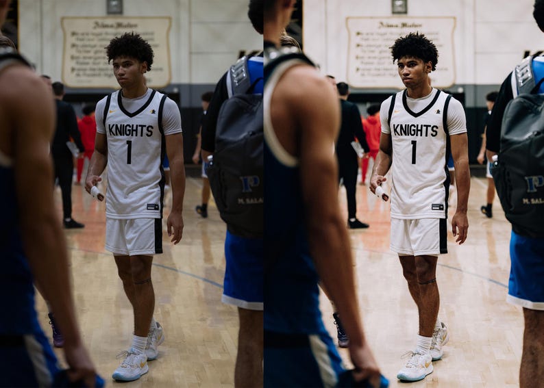 May include: A basketball player wearing a white jersey with black trim and the word "KNIGHTS" and the number "1" on the front. The player is wearing white shorts with black trim and white sneakers.