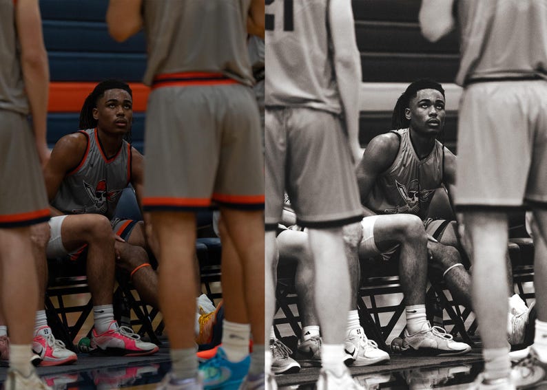 May include: A black and white photo of a basketball team. The team is sitting on a bench. One player is wearing a jersey with the number 15 on it. The player is looking off to the side.