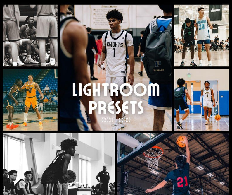 May include: A collage of images featuring basketball players in various poses on a basketball court. The text "Lightroom Presets" is displayed in the center of the collage.