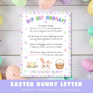 May include: An Easter-themed printable letter with the text "Hip Hip Hooray!" surrounded by pastel-colored eggs. The letter includes a poem from the Easter Bunny and the words "Easter Bunny Letter" and "Instant Printable Download".