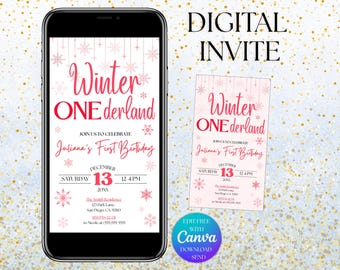 Winter ONEderland Digital Invite, First Birthday Invitation, Winter Wonderland Pink Birthday Invitation, 1st Birthday, Editable In Canva
