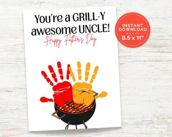 Arte imprimible con huella de mano "Eres un tío genial", tarjeta DIY para el Día del Padre, manualidad con huella de mano para niños, regalo de recuerdo para el Día del Padre para el tío.