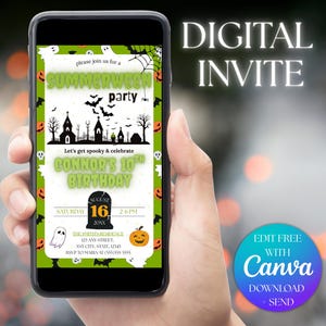 May include: A smartphone displays a digital invitation for a Summerween party and Connor's 10th birthday. The invitation features a green border with Halloween-themed graphics, including pumpkins, bats, and a haunted house. Text on the screen reads "Digital Invite."