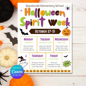 Peut inclure: Une affiche de la Semaine de l'Esprit d'Halloween de l'école élémentaire de Spooksville. L'affiche présente un design coloré avec une citrouille, des chauves-souris et des araignées. Elle énumère les thèmes quotidiens pour la semaine du 27 au 31 octobre.