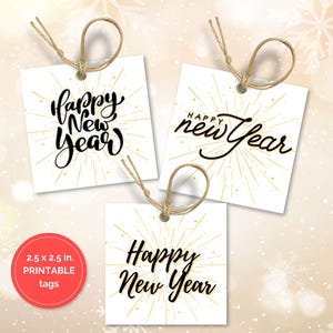 Happy New Year Printable Gift Tags, 2.5 x 2.5 Inch Square, Set of 3 Styles, Happy New Year Gift Tags