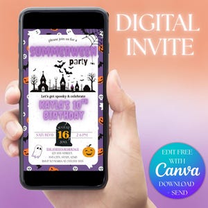 May include: A smartphone displays a digital invitation for a "Summerween" party and Kayla's 10th birthday. The invitation features spooky Halloween graphics, including bats, ghosts, and pumpkins, with the text "Digital Invite". The invitation is editable with Canva.