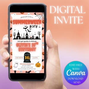 May include: A smartphone displays a digital invitation for a "Summerween" party and Olivia's 10th birthday. The invitation features Halloween-themed graphics, including bats, pumpkins, and a haunted house. The text "Digital Invite" is at the top.