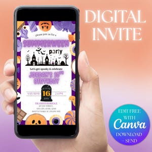 May include: A smartphone displays a digital invitation for a "Summerween" party and Jordan's 10th birthday. The invitation features spooky graphics, including pumpkins, eyeballs, and a haunted house silhouette. The text "Digital Invite" is at the top.