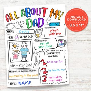 お父さんのこと 印刷できるアクティビティカード、父の日アンケート、DIY 父の日の塗り絵アクティビティカード、子供からのお父さんへのプレゼント、塗り絵